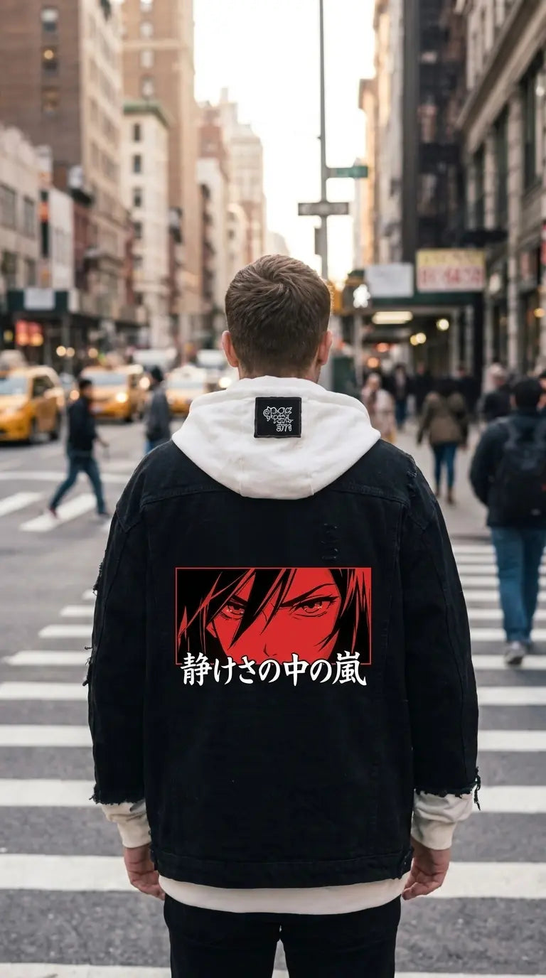 Urban Street Style Model Walking NYC Crosswalk Wearing Silent Storm Anime Gaze Denim Hoodie Jacket Back View