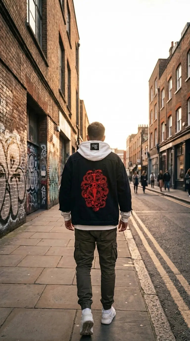 Lifestyle Streetwear Model Wearing Dark Genius Crimson Sigil Denim Trucker Jacket in London Brick Alley