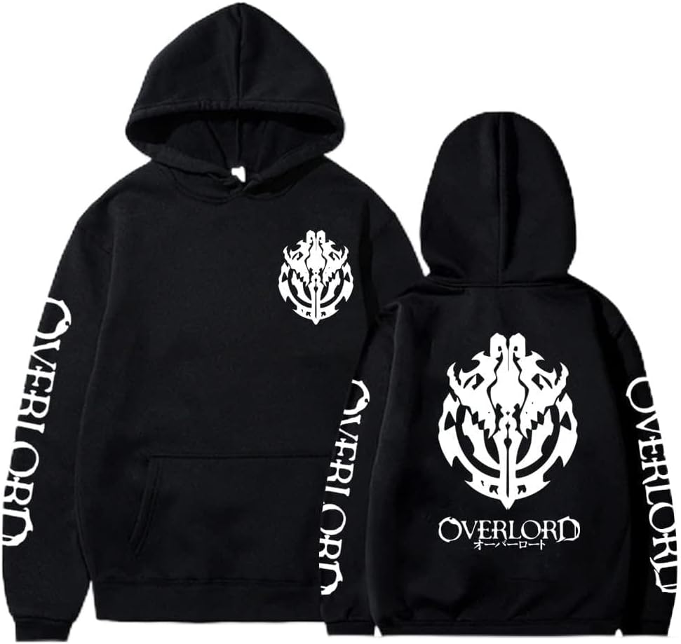 A unisex anime-inspired pullover hoodie featuring the iconic design of Ainz Ooal Gown from the popular 'Overlord' series. The hoodie is predominantly black with intricate white and grey patterns, including the show's title emblazoned across the chest. The adjustable hood, cozy fabric, and ergonomic fit make it perfect for both casual wear and cosplay events. Suitable for anime fans and fashion enthusiasts alike.