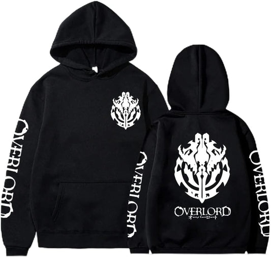 A unisex anime-inspired pullover hoodie featuring the iconic design of Ainz Ooal Gown from the popular 'Overlord' series. The hoodie is predominantly black with intricate white and grey patterns, including the show's title emblazoned across the chest. The adjustable hood, cozy fabric, and ergonomic fit make it perfect for both casual wear and cosplay events. Suitable for anime fans and fashion enthusiasts alike.