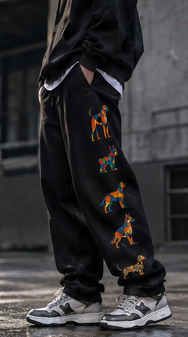 Urban street style model wearing black graphic fleece jogger pants outdoors