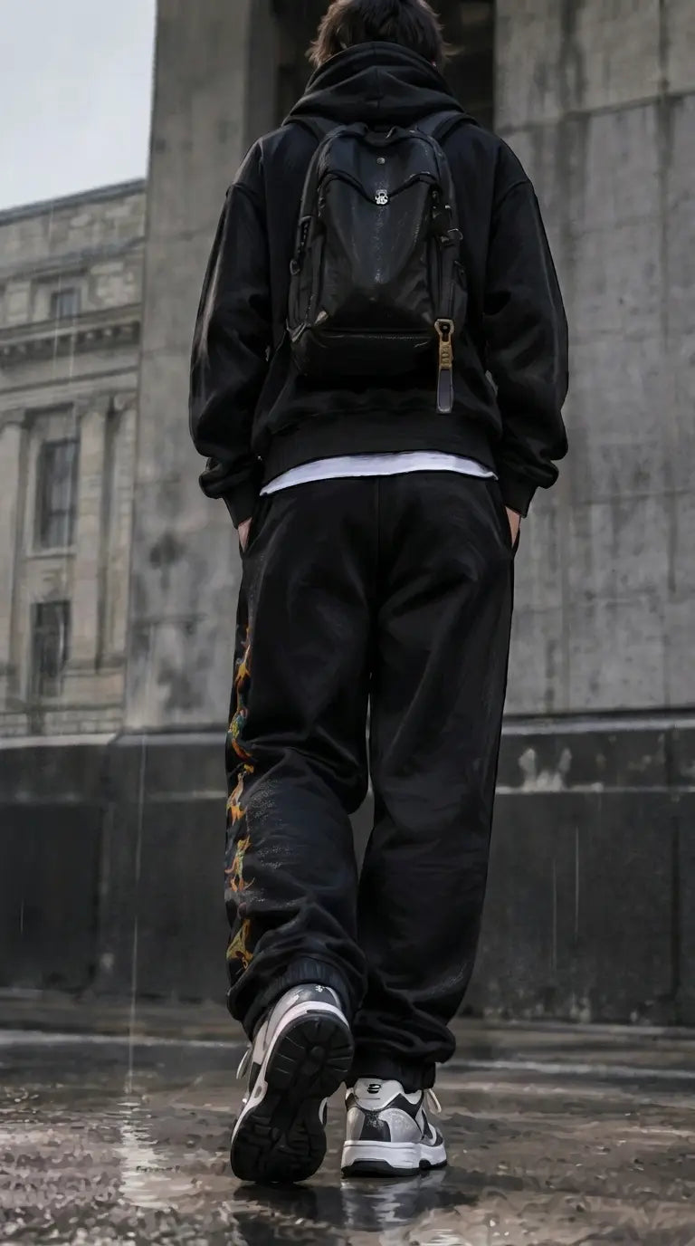 Back view of model in black oversized graphic sweatpants walking on city street