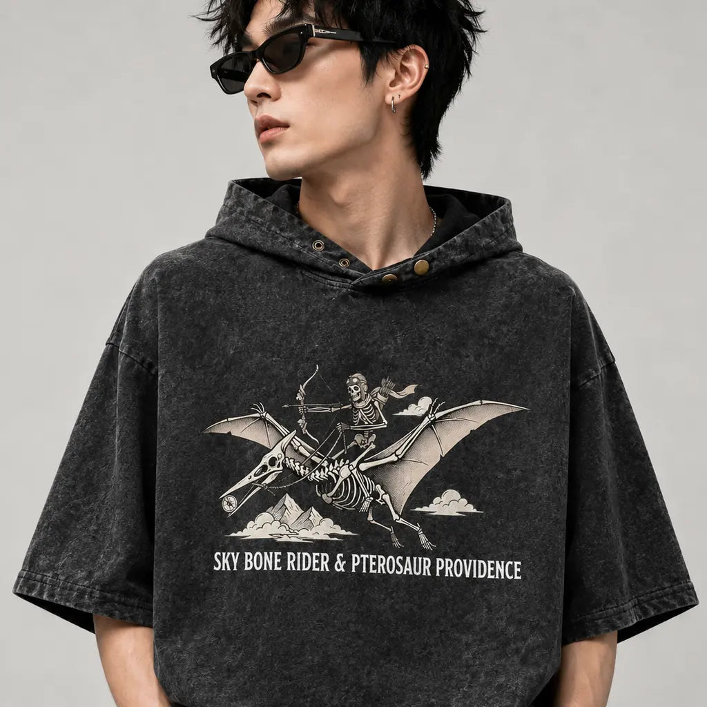 Sky Bone Rider oversized short sleeve hoodie tee model shot dark aesthetic
