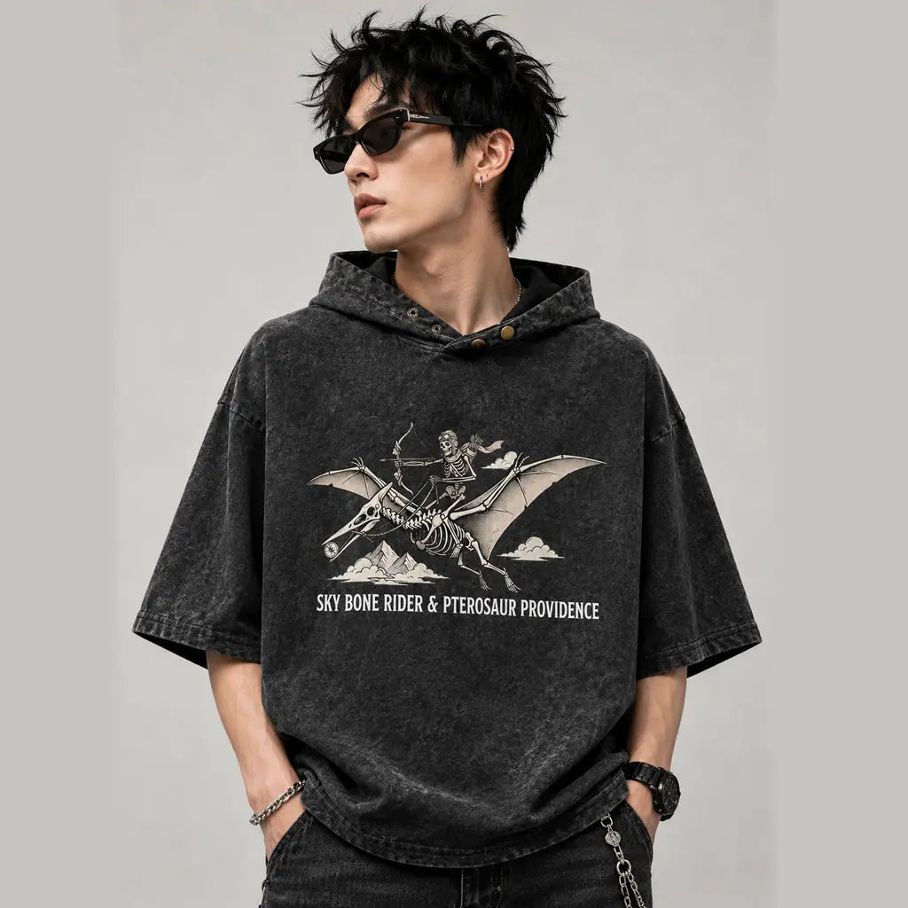 Sky Bone Rider Pterosaur Providence washed hoodie tee front view dark streetwear