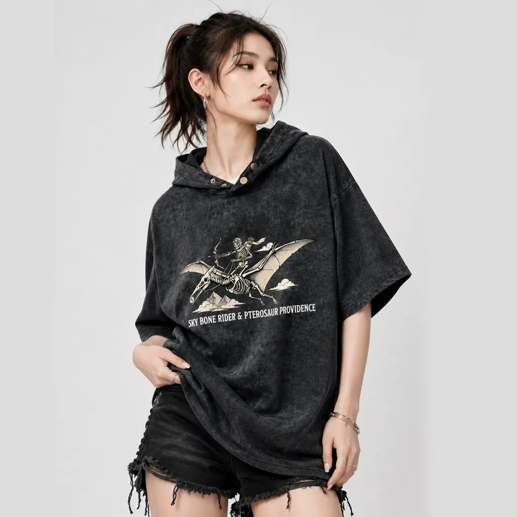 Sky Bone Rider washed hoodie tee female model oversized fit
