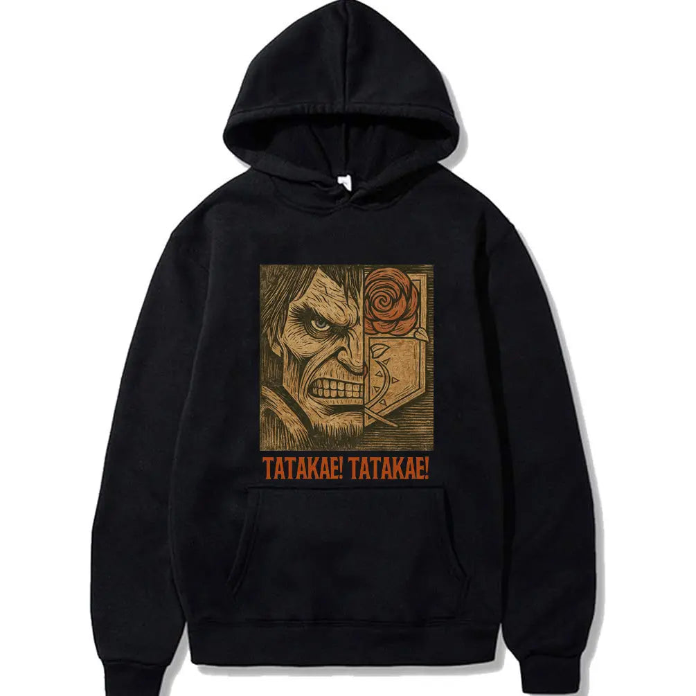 TATAKAE Japanese Anime Graphic Hoodie — Dark Streetwear Pullover | animeversesphere