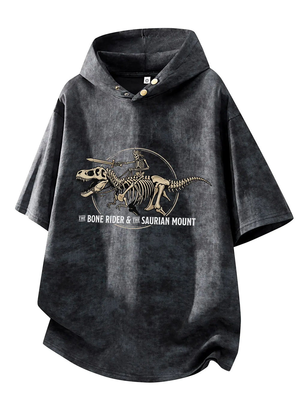The Bone Rider Oversized Washed Hoodie Tee – Washed Black flat lay, bone rider dinosaur print hoodie