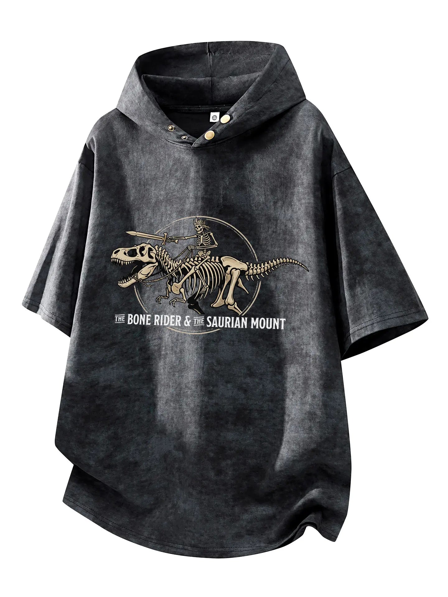 The Bone Rider Oversized Washed Hoodie Tee – Washed Black flat lay, bone rider dinosaur print hoodie