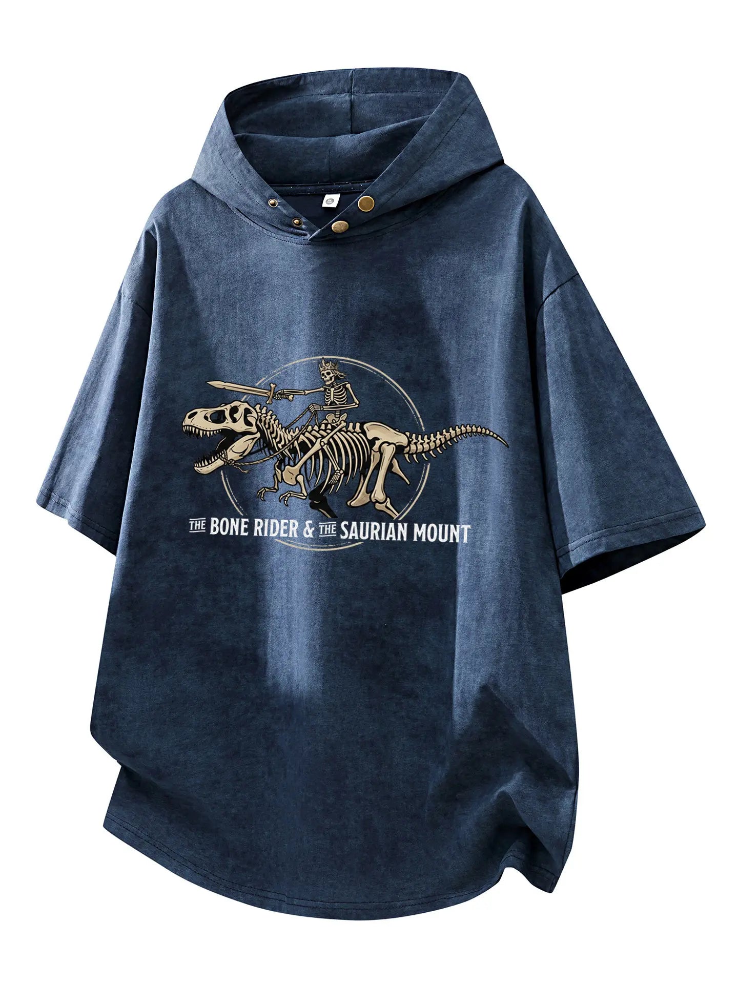 The Bone Rider Oversized Washed Hoodie Tee – Washed Navy flat lay, skeleton T-Rex graphic streetwear