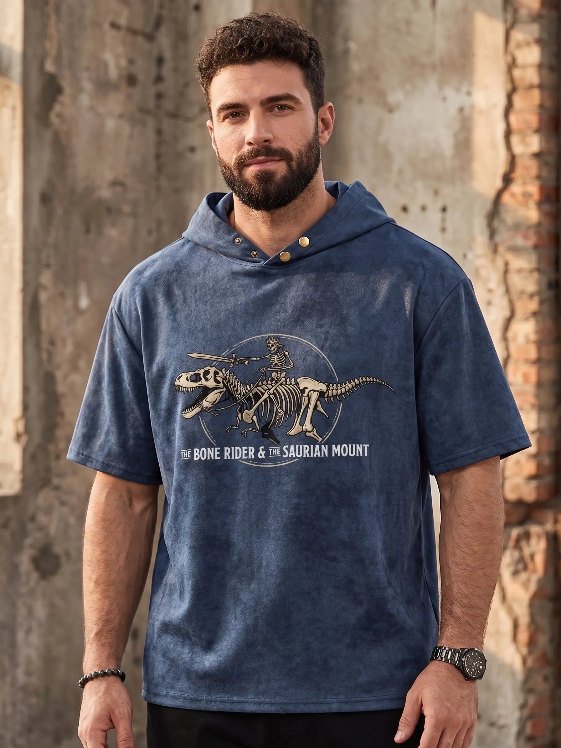 The Bone Rider Oversized Washed Hoodie Tee – model wearing Washed Navy, oversized drop-shoulder fit