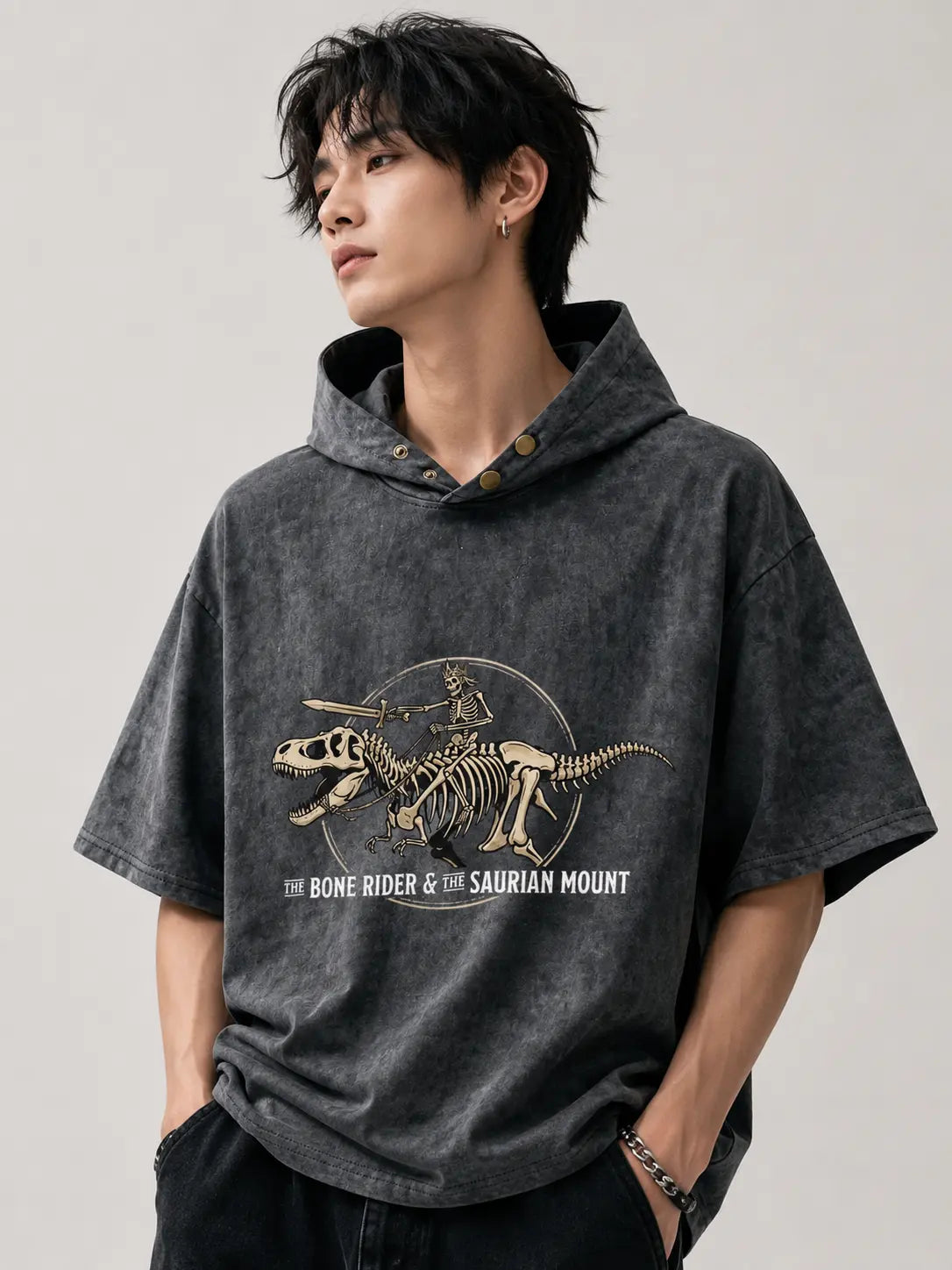 The Bone Rider Oversized Washed Hoodie Tee – model wearing Washed Black, dark Japanese streetwear style