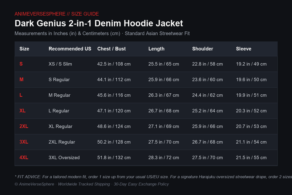 AnimeVerseSphere Dark Genius 2-in-1 Denim Hoodie Jacket Official Size Chart and Measurement Guide