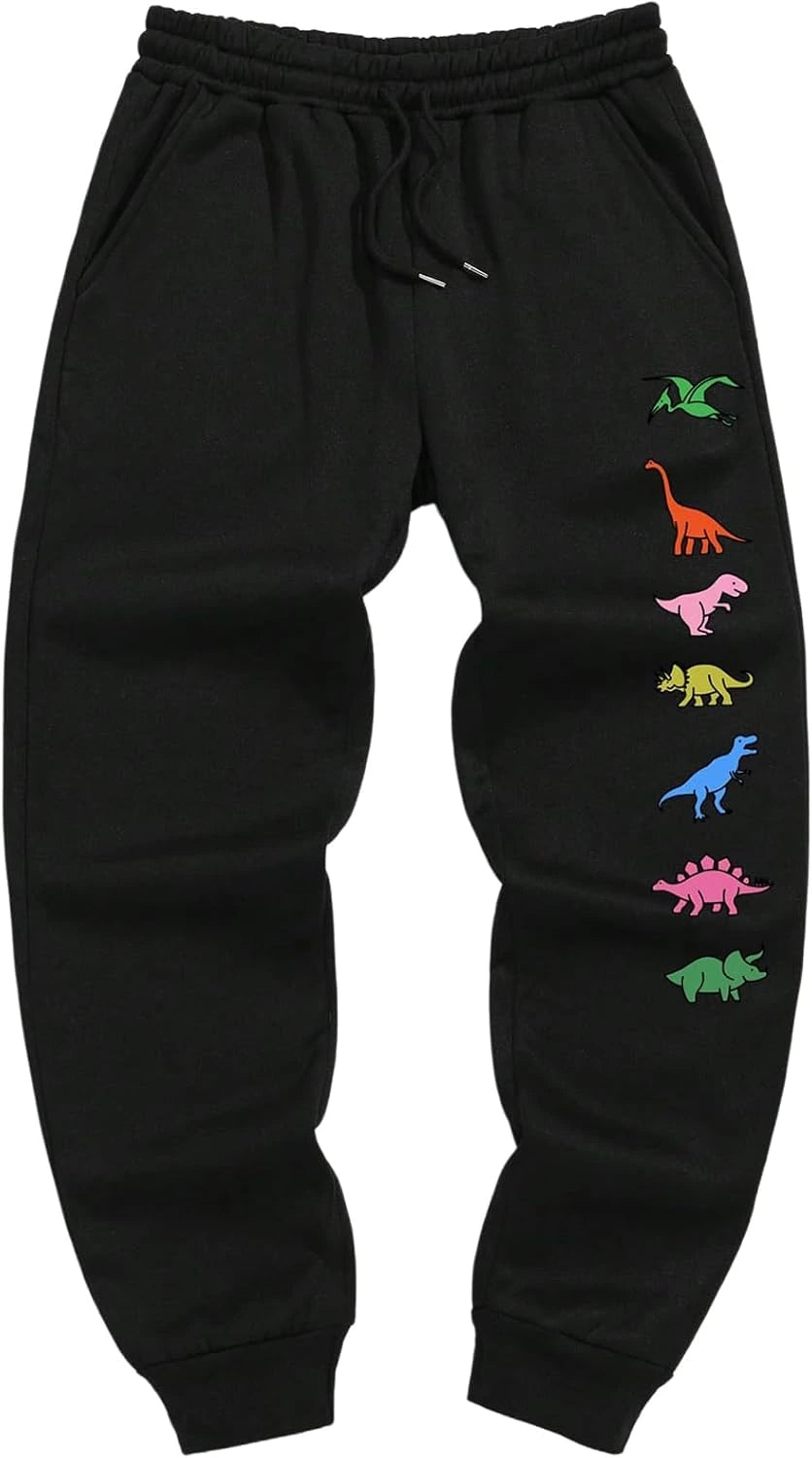 AnimeVerseSphere Men Cartoon Dinosaur Graphic Print Drawstring Fleece Jogger Pants Flat Lay
