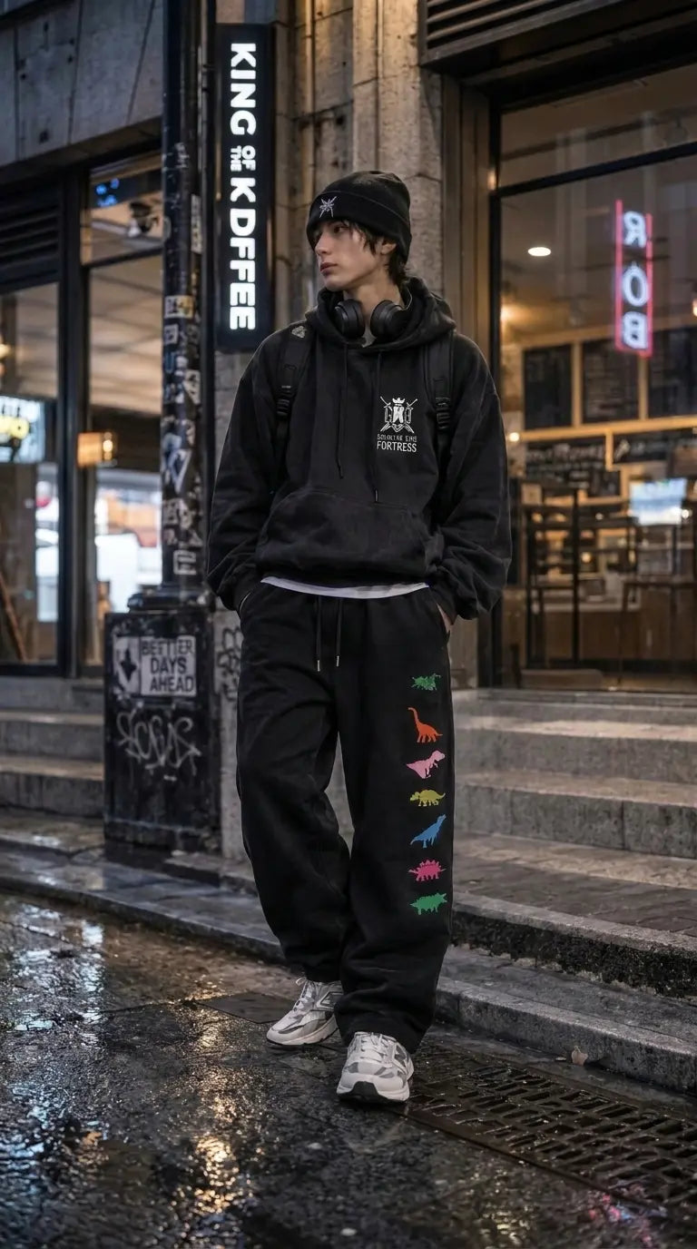 AnimeVerseSphere Tokyo streetwear model in urban setting wearing black cartoon dinosaur graphic print fleece joggers
