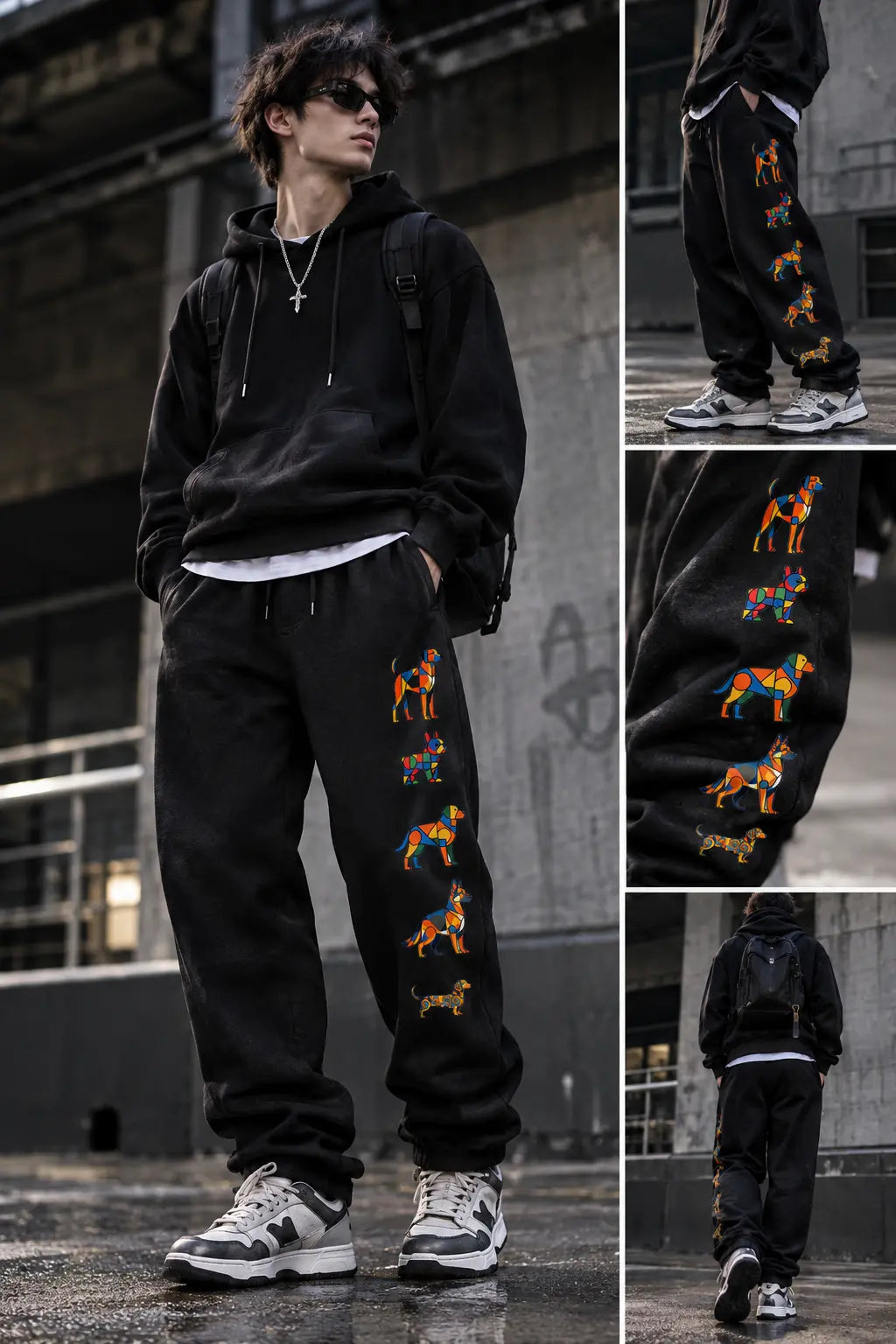 AnimeVerseSphere streetwear model lookbook showing multi-angle views of graphic jogger sweatpants