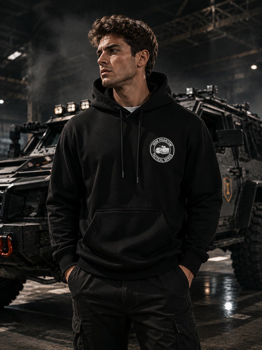 IRON PHANTOM Tactical Series Cyberpunk Armored Vehicle Hoodie - male model wearing black hoodie with front chest badge logo in dark industrial setting with heavy armored vehicle in background