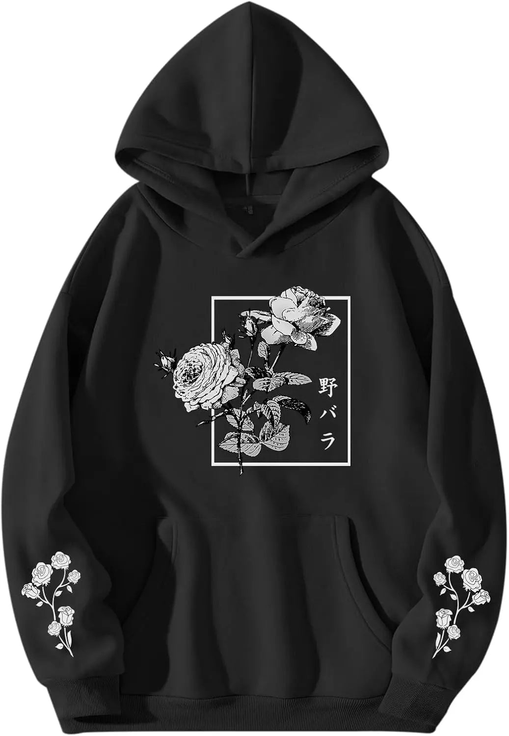Men’s Japanese Rose Floral Graphic Hoodie – Oversized Aesthetic Streetwear Pullover Sweatshirt with Pocket - My Store