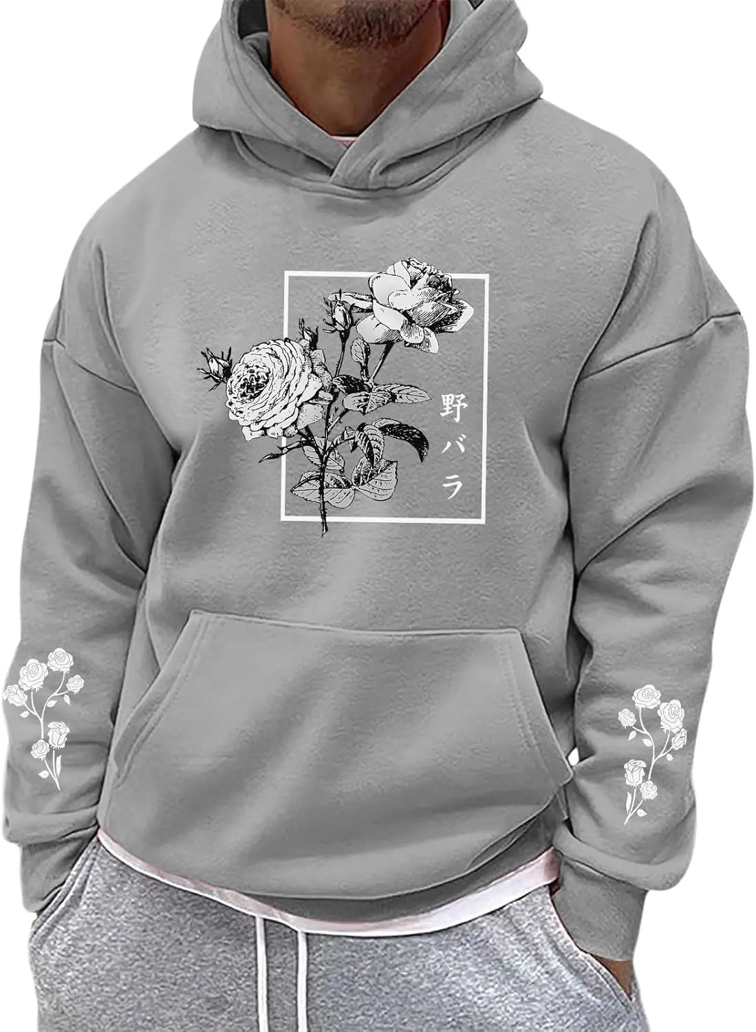 Men’s Japanese Rose Floral Graphic Hoodie – Oversized Aesthetic Streetwear Pullover Sweatshirt with Pocket - My Store
