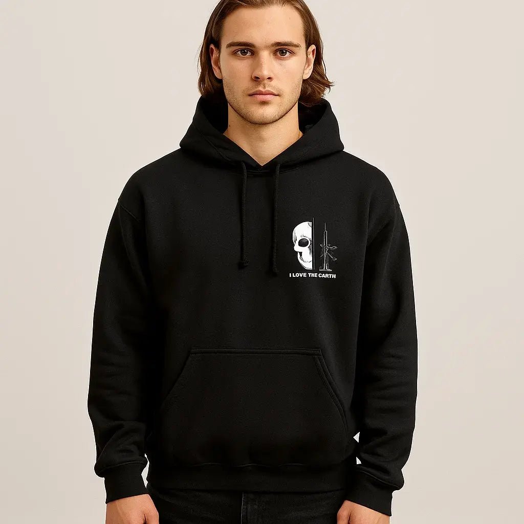 Men's Oversized Skull Graphic Hoodie - Black Streetwear Pullover with Gun Rose Print & "I Love The Earth" Slogan - My Store