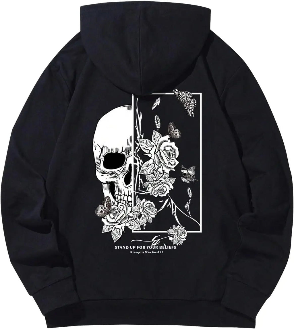 Men's Oversized Skull Graphic Hoodie - Black Streetwear Pullover with Gun Rose Print & "I Love The Earth" Slogan - My Store