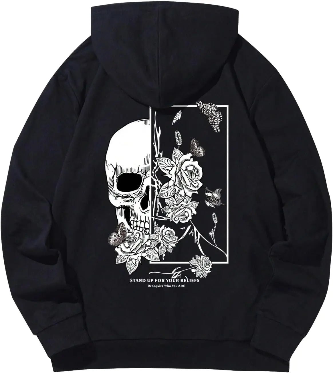 Men's Oversized Skull Graphic Hoodie - Black Streetwear Pullover with Gun Rose Print & "I Love The Earth" Slogan - My Store