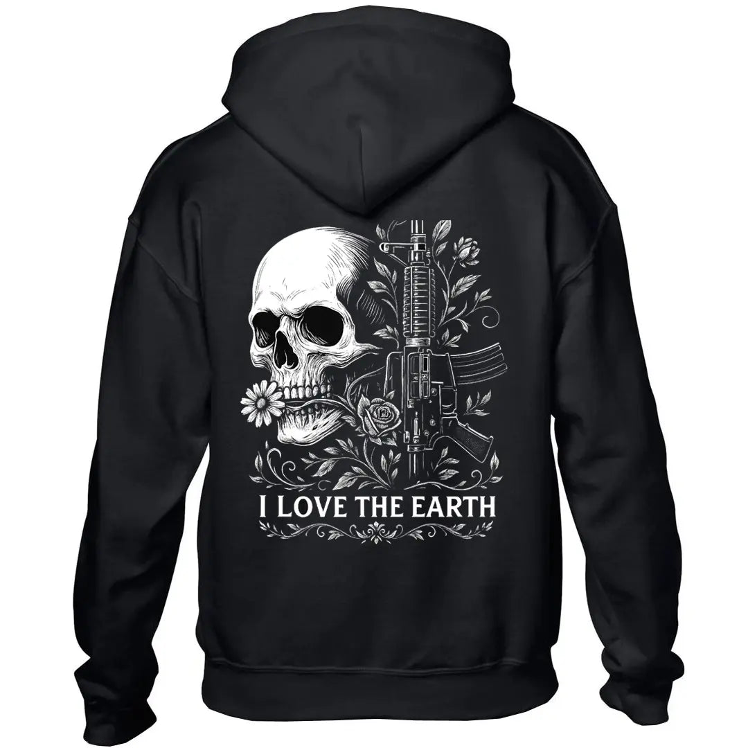 Men's Oversized Skull Graphic Hoodie - Black Streetwear Pullover with Gun Rose Print & "I Love The Earth" Slogan - My Store