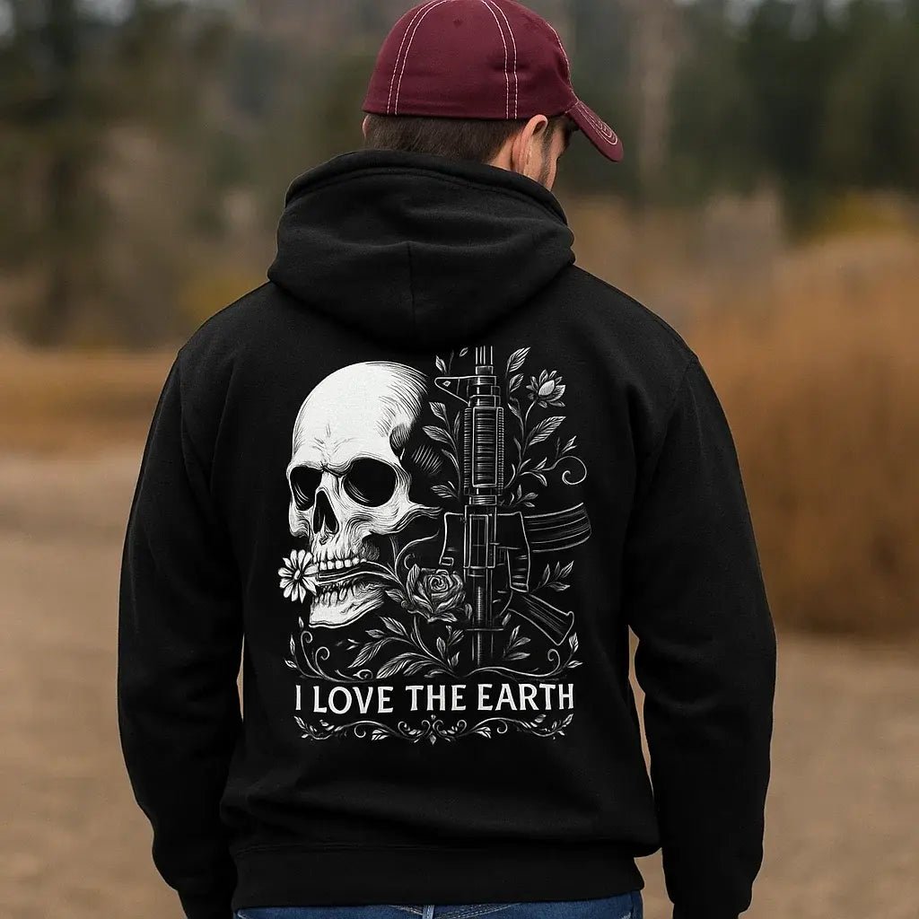 Men's Oversized Skull Graphic Hoodie - Black Streetwear Pullover with Gun Rose Print & "I Love The Earth" Slogan - My Store