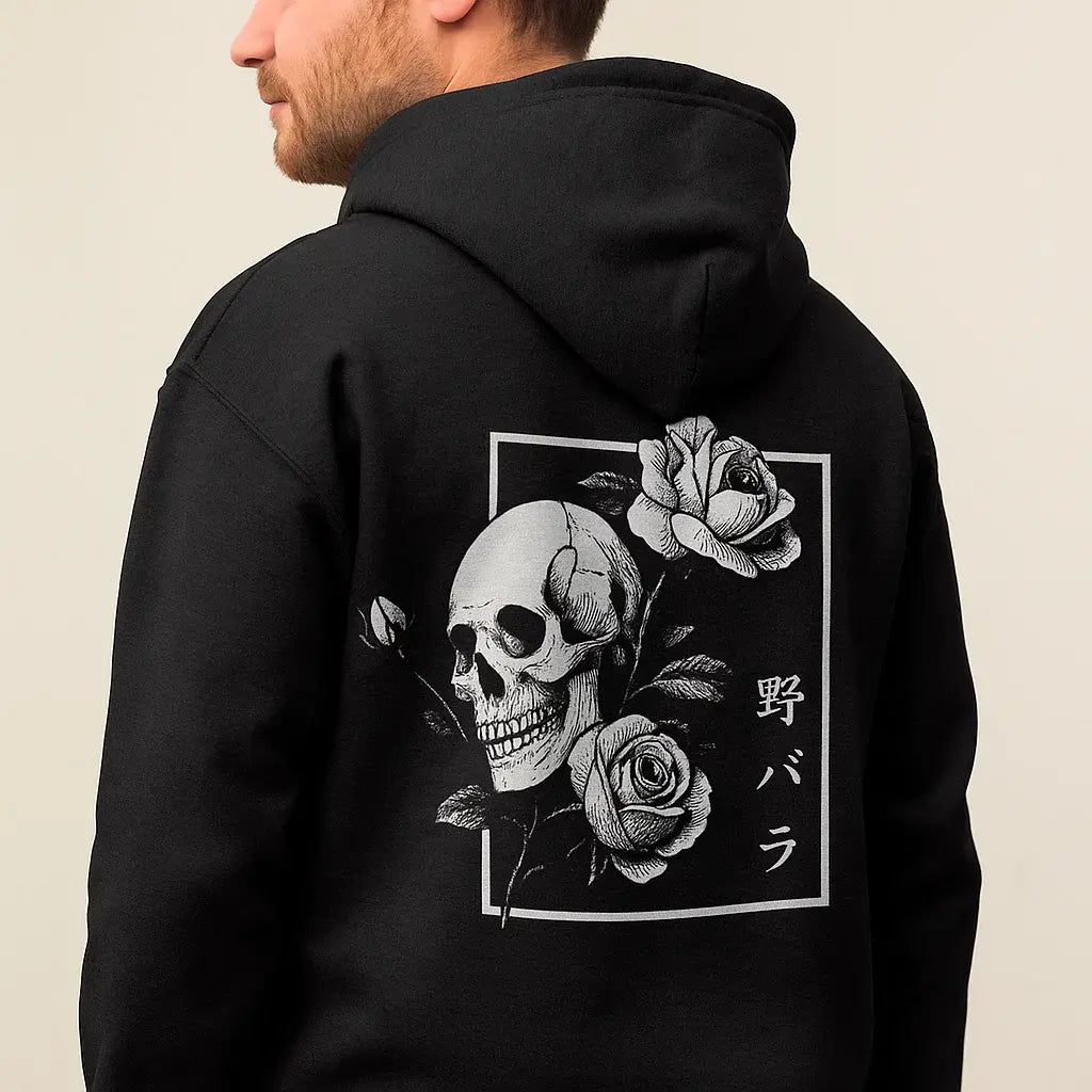 Men's Oversized Skull Graphic Hoodie - Black Streetwear Pullover with Gun Rose Print & "I Love The Earth" Slogan - My Store