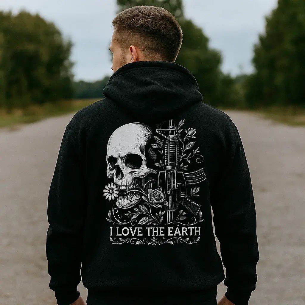 Men's Oversized Skull Graphic Hoodie - Black Streetwear Pullover with Gun Rose Print & "I Love The Earth" Slogan - My Store