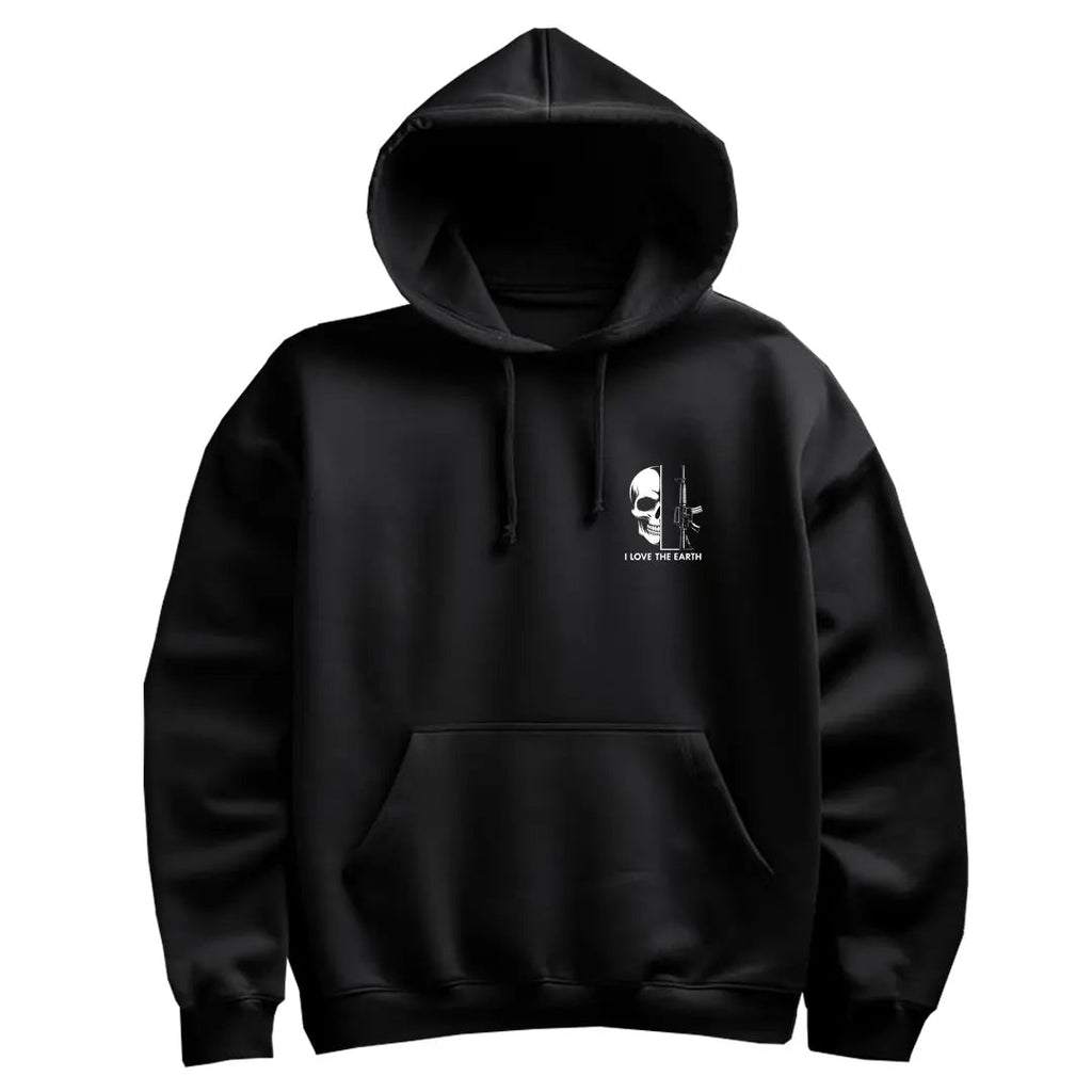 Men's Oversized Skull Graphic Hoodie - Black Streetwear Pullover with Gun Rose Print & "I Love The Earth" Slogan - My Store