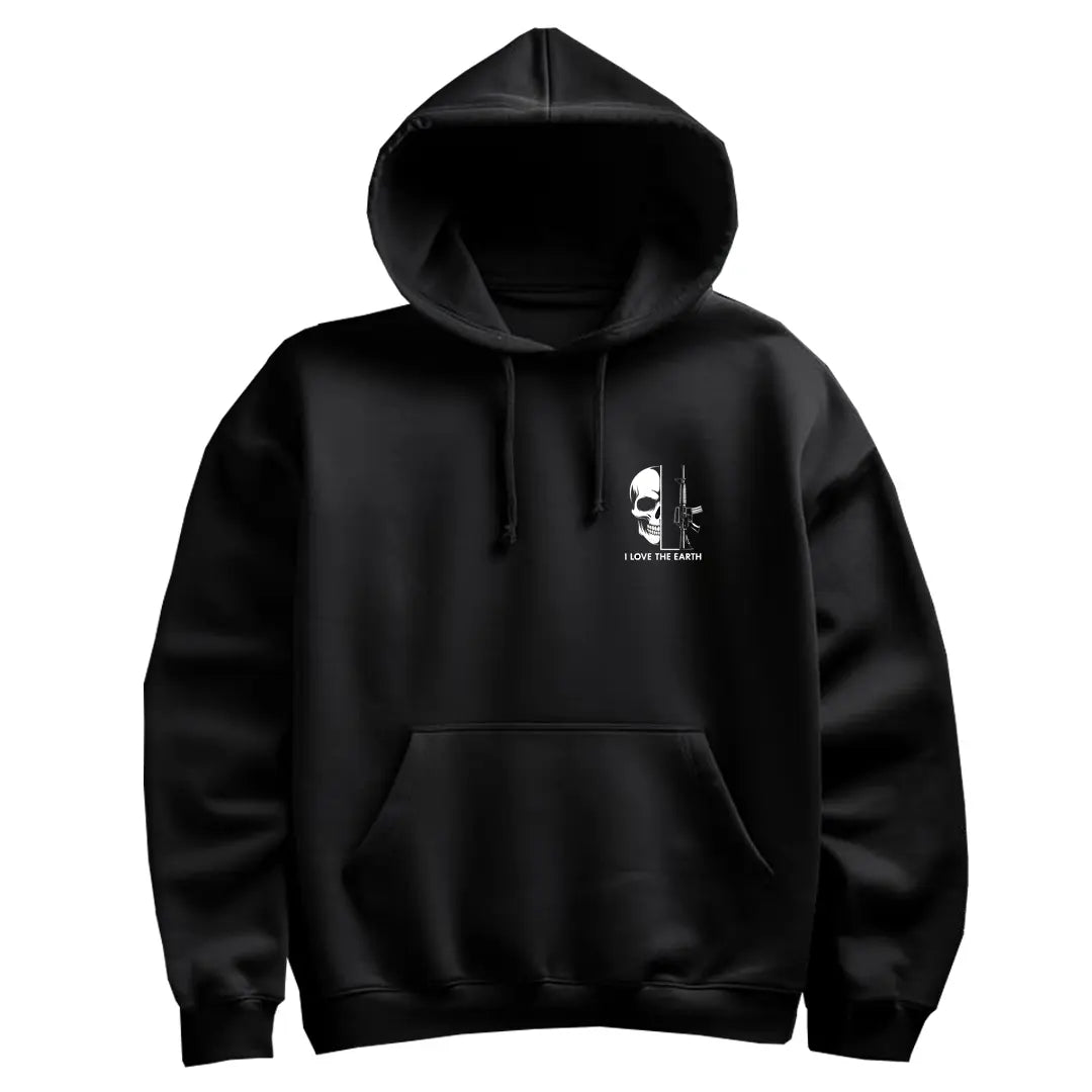 Men's Oversized Skull Graphic Hoodie - Black Streetwear Pullover with Gun Rose Print & "I Love The Earth" Slogan - My Store