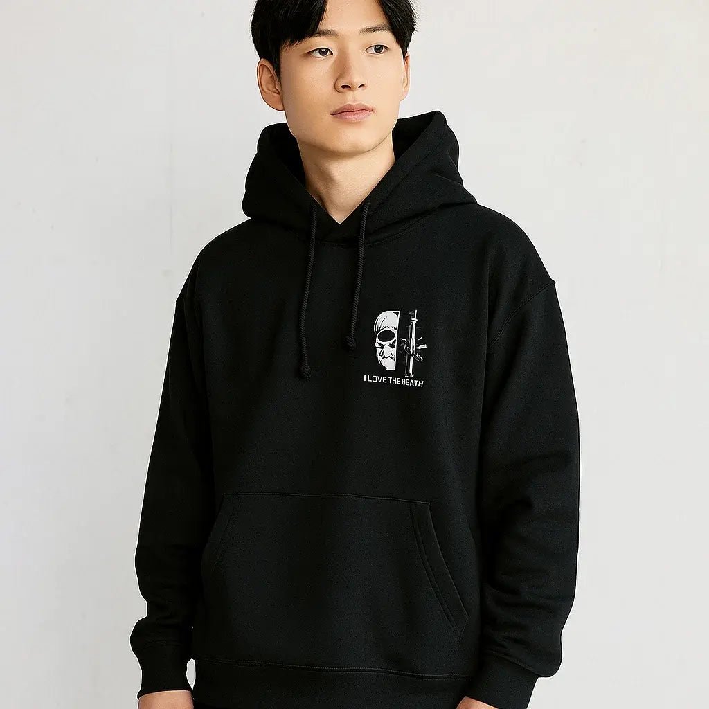 Men's Oversized Skull Graphic Hoodie - Black Streetwear Pullover with Gun Rose Print & "I Love The Earth" Slogan - My Store