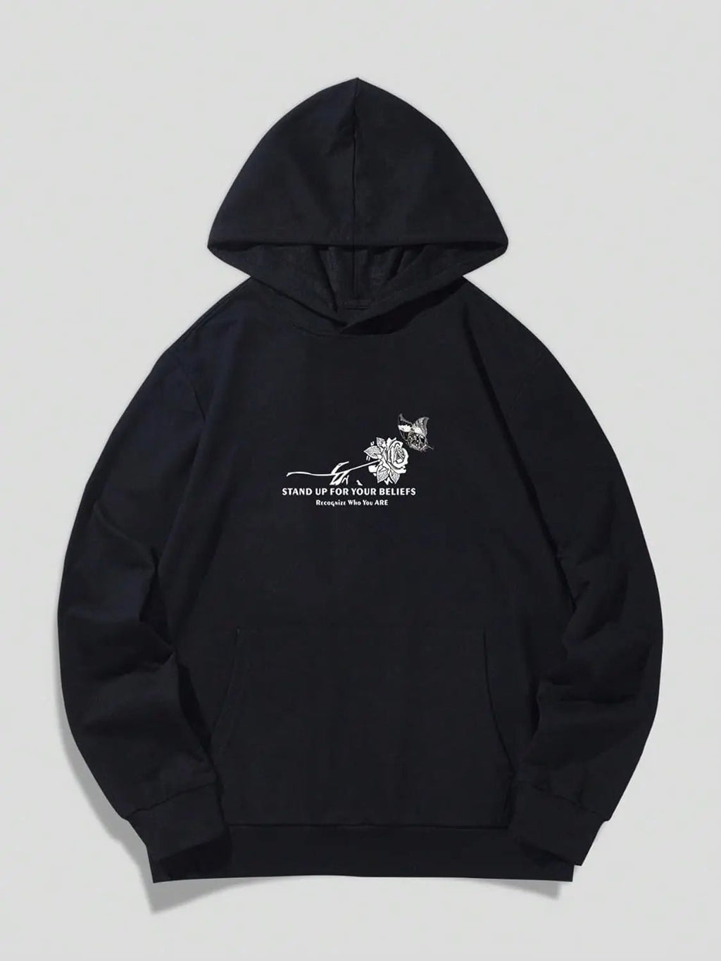 Men's Oversized Skull Graphic Hoodie - Black Streetwear Pullover with Gun Rose Print & "I Love The Earth" Slogan - My Store