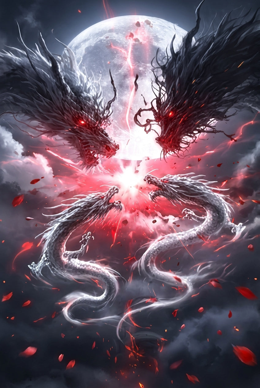 Midnight Dragon Quad Dragon Battle Moonlit Dark Fantasy Anime Graphic Artwork