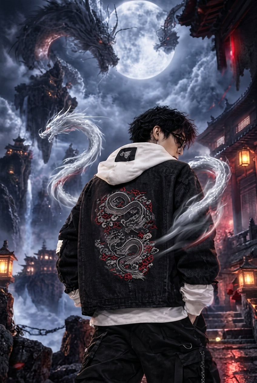 Midnight Dragon Oversized Trucker Jacket Luminous Spirit Dragon Coiling Model Editorial