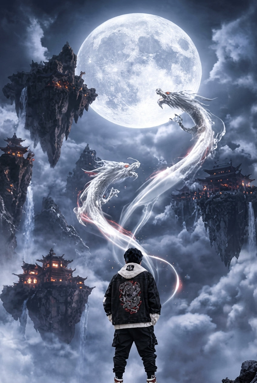 Midnight Dragon Graphic Oversized Denim Jacket Streetwear Model Pagoda Cloud Realm Twin Dragons