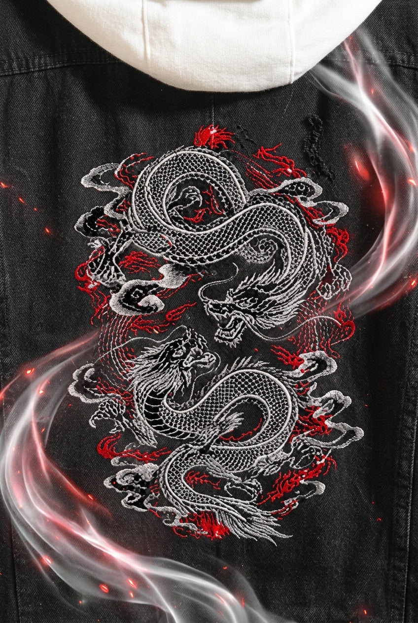 Midnight Dragon Oversized Distressed Denim Jacket Intricate Twin Dragon Embroidery Macro Detail