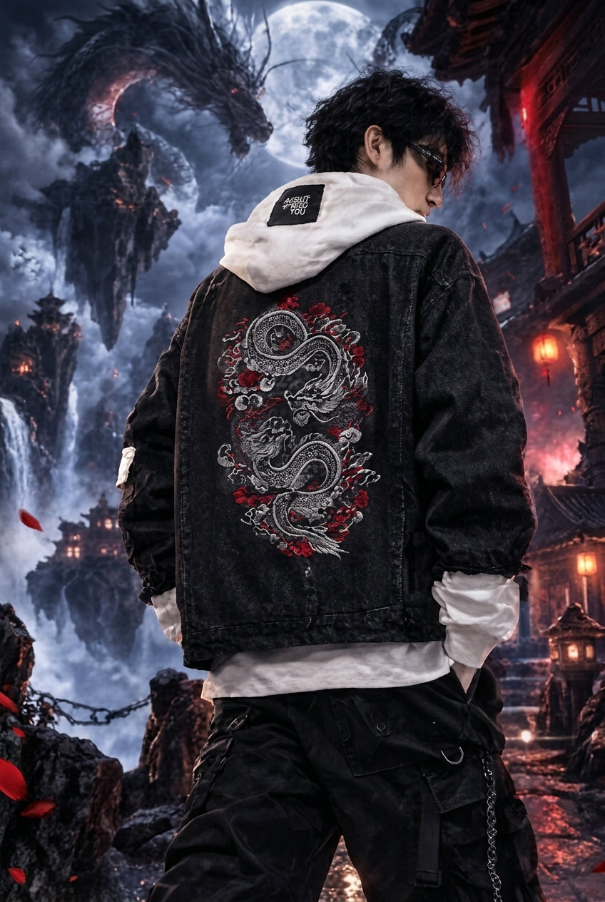 Midnight Dragon Embroidered Oversized Denim Jacket Model Back View Floating Celestial Pagoda