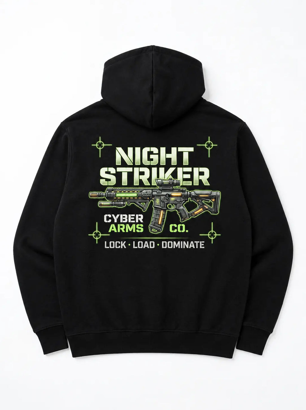 Flat lay back view of the black NIGHT STRIKER Cyber Arms Co. tactical assault rifle graphic hoodie