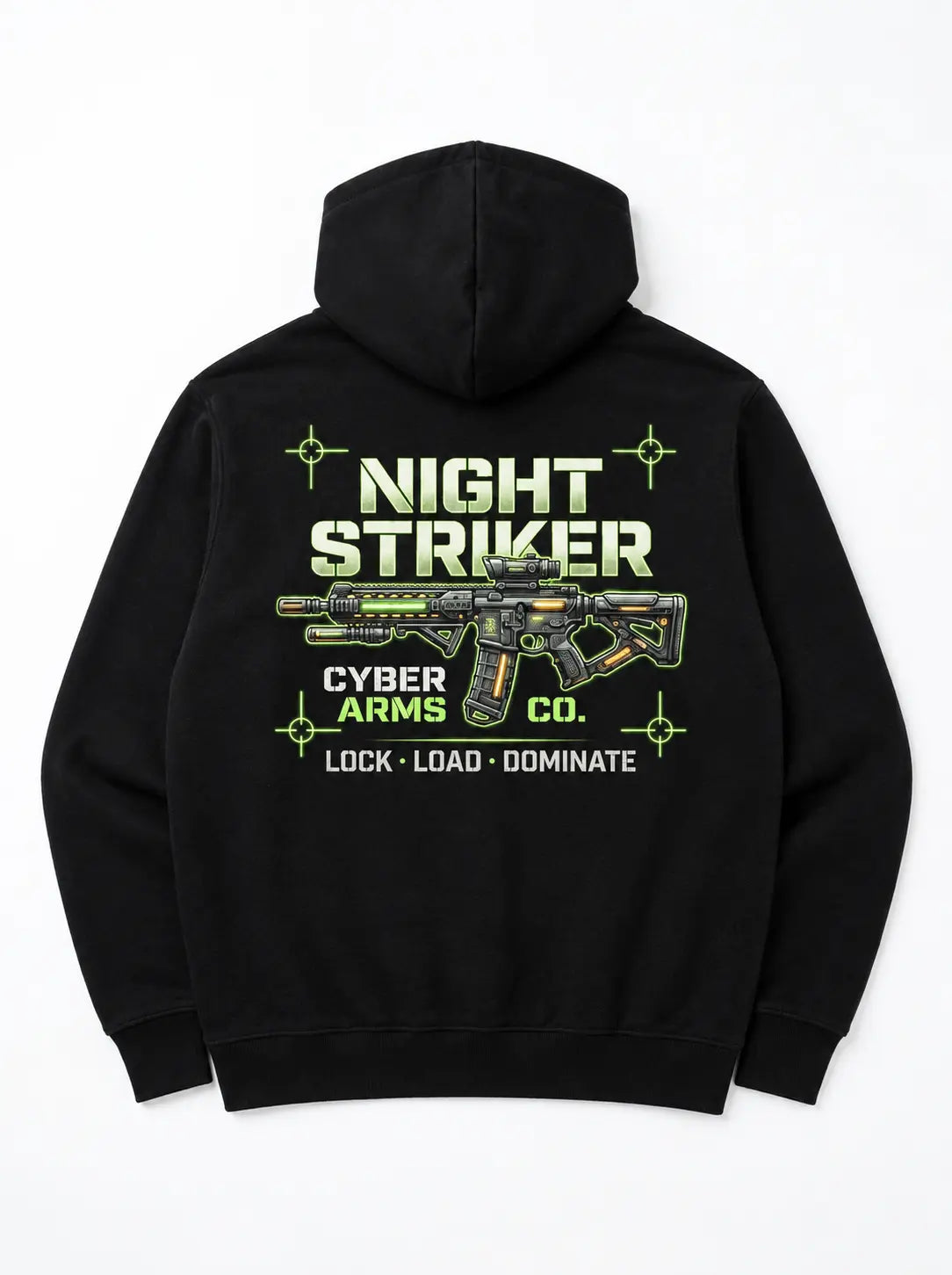 Flat lay back view of the black NIGHT STRIKER Cyber Arms Co. tactical assault rifle graphic hoodie