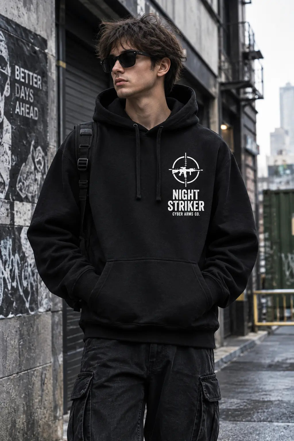 Studio front view of the NIGHT STRIKER Cyber Arms Co. tactical assault rifle graphic hoodie in black