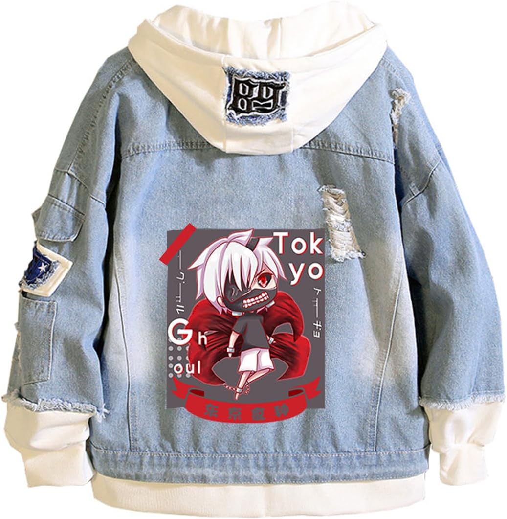 Tokyo Costume Women Men Trucker Jacket Classic Ripped Slim Denim Jacket with Holes Kaneki Hooded Jacket Cosplay - My Store