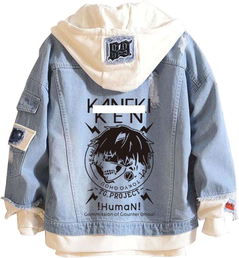 Tokyo Costume Women Men Trucker Jacket Classic Ripped Slim Denim Jacket with Holes Kaneki Hooded Jacket Cosplay - My Store