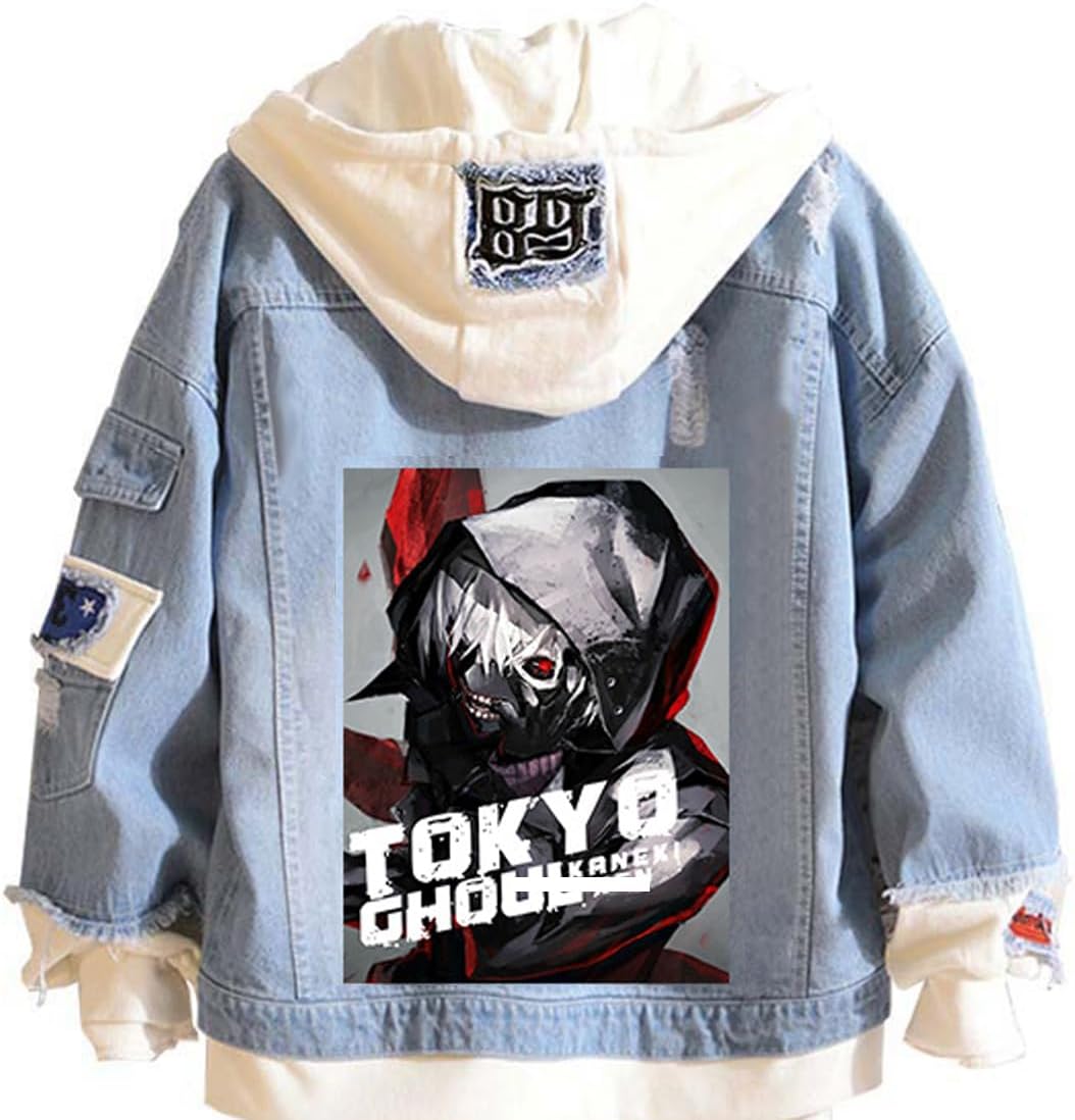 Tokyo Costume Women Men Trucker Jacket Classic Ripped Slim Denim Jacket with Holes Kaneki Hooded Jacket Cosplay - My Store