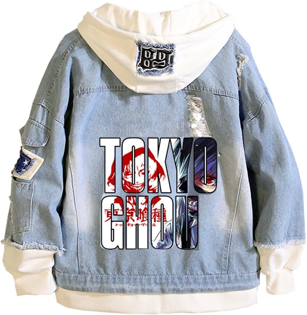 Tokyo Costume Women Men Trucker Jacket Classic Ripped Slim Denim Jacket with Holes Kaneki Hooded Jacket Cosplay - My Store