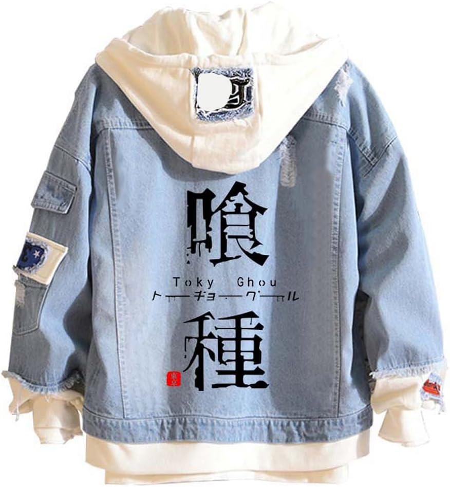 Tokyo Costume Women Men Trucker Jacket Classic Ripped Slim Denim Jacket with Holes Kaneki Hooded Jacket Cosplay - My Store