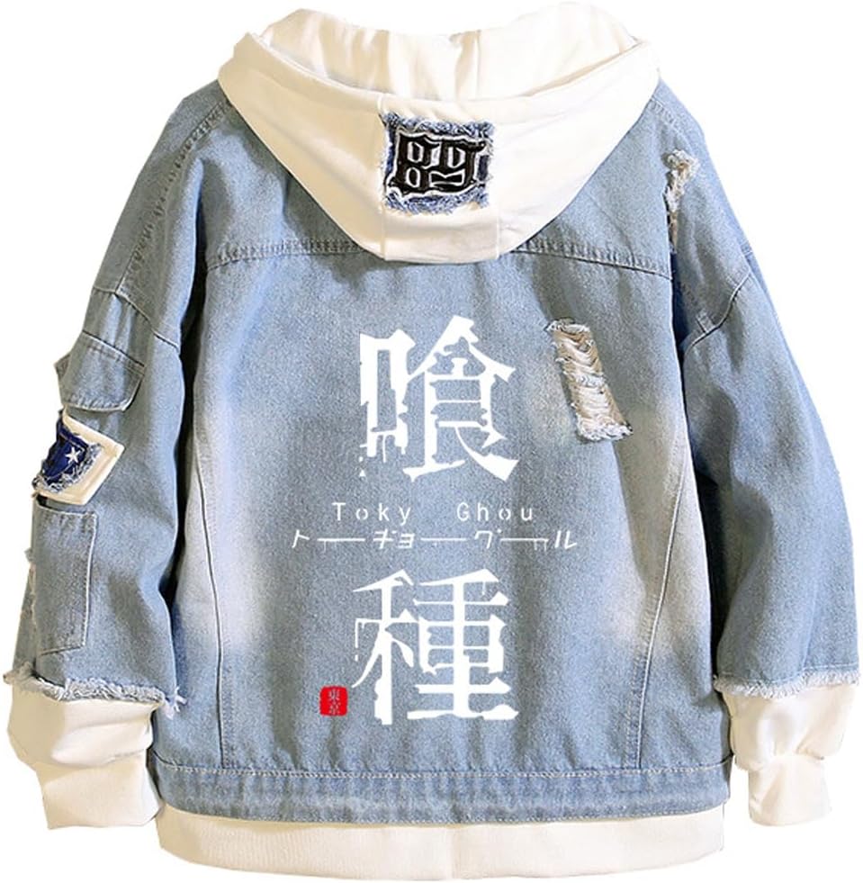 Tokyo Costume Women Men Trucker Jacket Classic Ripped Slim Denim Jacket with Holes Kaneki Hooded Jacket Cosplay - My Store
