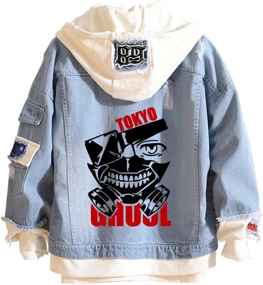 Tokyo Costume Women Men Trucker Jacket Classic Ripped Slim Denim Jacket with Holes Kaneki Hooded Jacket Cosplay - My Store