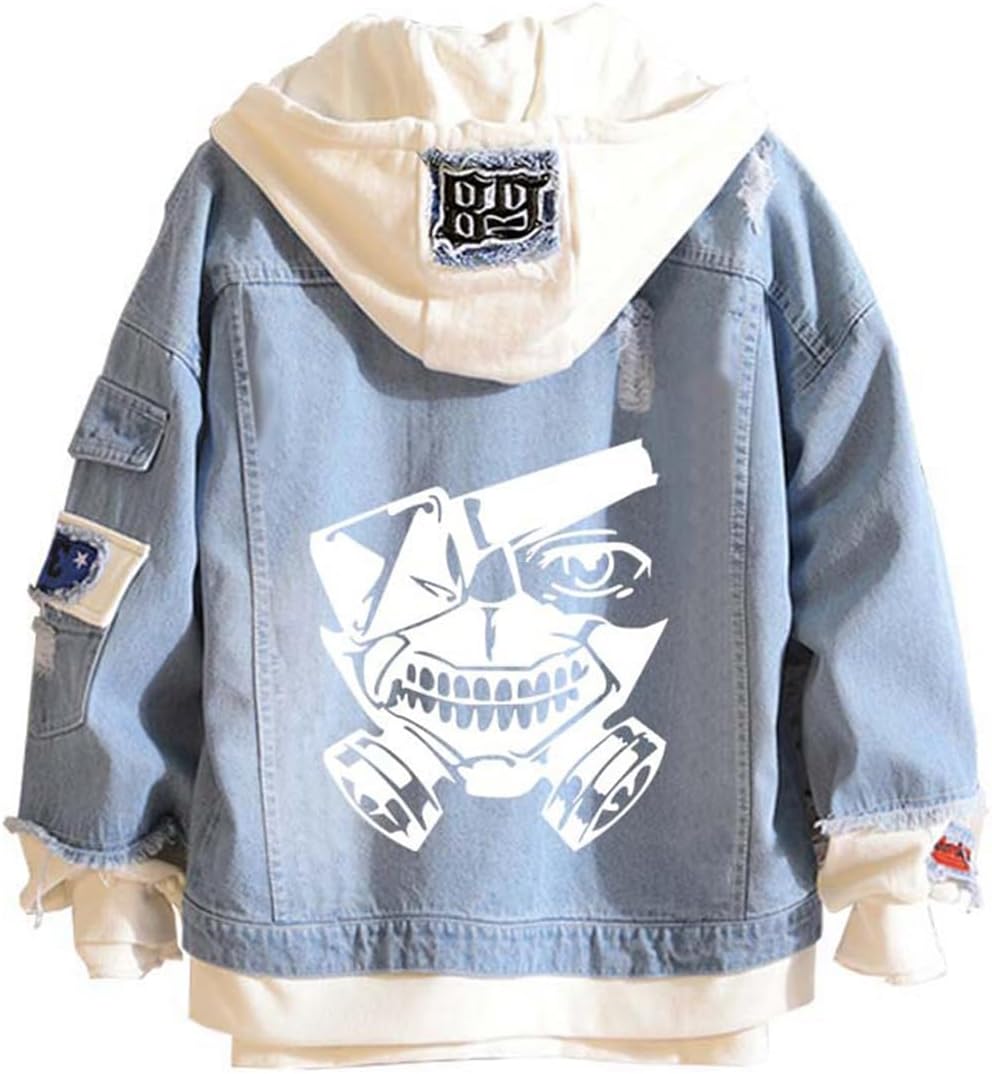 Tokyo Costume Women Men Trucker Jacket Classic Ripped Slim Denim Jacket with Holes Kaneki Hooded Jacket Cosplay - My Store