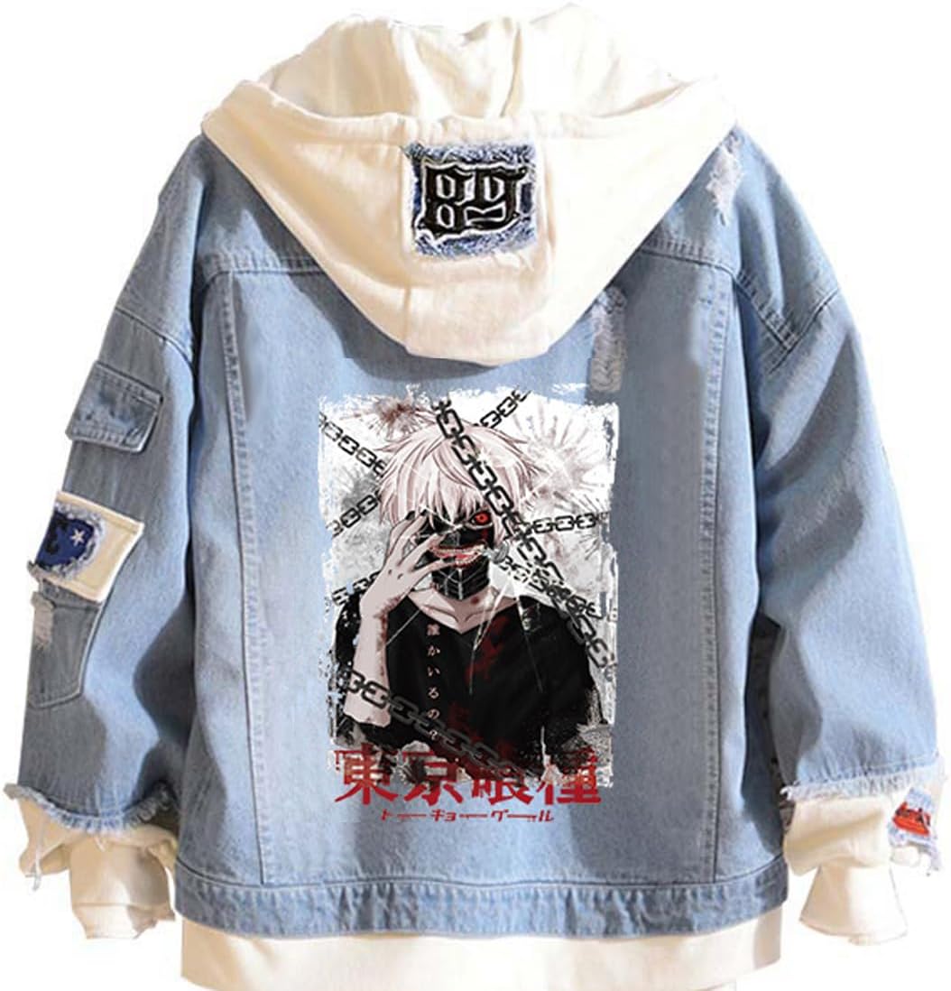 Tokyo Costume Women Men Trucker Jacket Classic Ripped Slim Denim Jacket with Holes Kaneki Hooded Jacket Cosplay - My Store